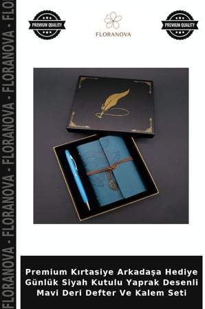 Premium Kırtasiye Arkadaşa Hediye Günlük Siyah Kutulu Yaprak Desenli Mavi Deri Defter Ve Kalem Seti