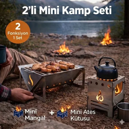 Mini Kamp Seti 2’li – Taşınabilir Mangal & Ateş Kutusu Katlanabilir Outdoor Set
