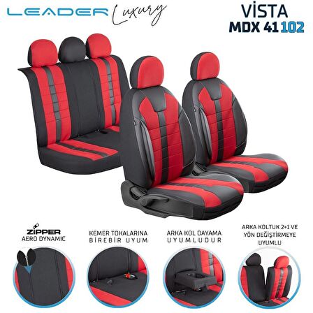 Nissan Qashqai Uyumlu Deri Detaylı Oto Koltuk Kılıfı Ön Arka Set Vista Siyah Kırmızı