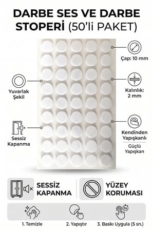 Kendinden Yapışkanlı Şok Darbe Emici Ses Stoperi 10 mm Beyaz 50'li Paket Dolap Çekmece Tamponu