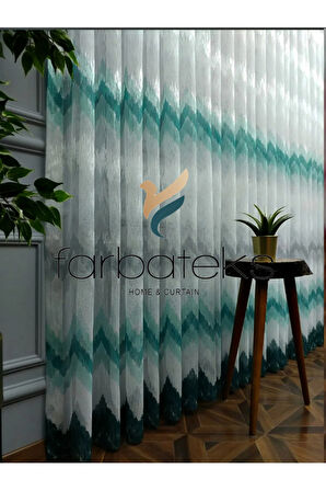 Harmony Zikzak Desen Turkuaz Açık Koyu Yeşil Petro Renkli Tasarım 2Kat Pileli Tül Perde