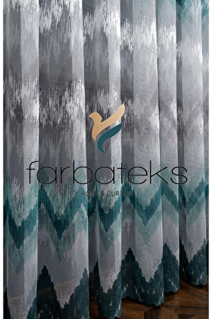 Harmony Zikzak Desen Turkuaz Açık Koyu Yeşil Petro Renkli Tasarım 3Kat Pileli Tül Perde