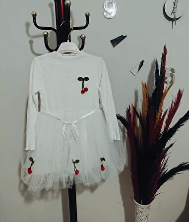 5-6-7 Yaş Kiraz Desenli Kurdela Kuşaklı Astarlı Uzun Kollu Kız Çocuk Tütü Elbise Beyaz