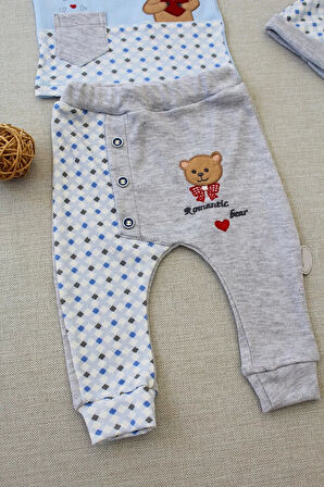 3-6 9-12 12-18 Ay Romantik Ayıcık Nakışlı Şapkalı Uzun Kollu Sweatli 3lü Kız-erkek Bebek Takımı Mavi