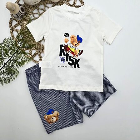 1-2-3 Yaş Kaykaycı Ayı Baskılı Şortlu Kısa Kollu Tişört 2li Erkek Bebek Takımı İndigo