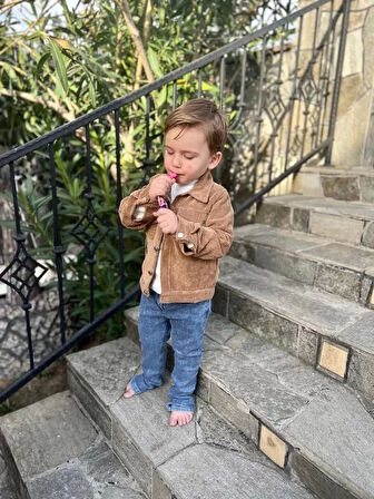 3-4-5 Yaş Fitilli Kadife Ceket Kot Pantolonlu 3lü Kız Erkek Çocuk Takımı Kiremit