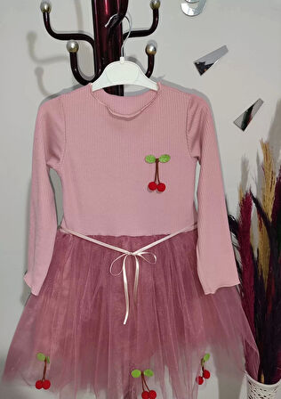 5-6-7 Yaş Kiraz Desenli Kurdela Kuşaklı Astarlı Uzun Kollu Kız Çocuk Tütü Elbise Gül Kurusu