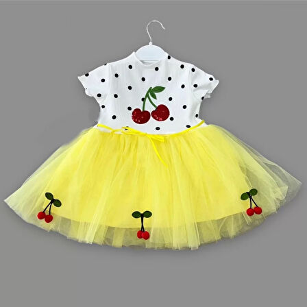 1-2-3 Yaş Payetli Kiraz Nakışlı Kiraz Etekli Kız Bebek Tütü Elbisesi Sarı