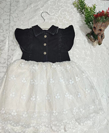 2-3-4 Yaş Astarlı Brode Etekli Kot Kumaş Düğmeli Kız Çocuk Elbisesi Siyah