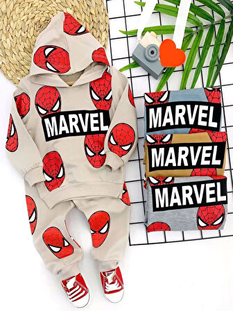 9-12-18-24 Ay Kapşonlu Örümcek Adam Baskılı Uzun Kollu 3lü Kız Erkek Bebek Takımı Hardal