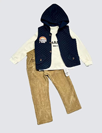 3-4-5 Yaş Fitilli Kadife Pantolon Kapitone Kapşonlu Yelek Uzun Kollu Sweat 3lü Erkek Çocuk Takımı Lacivert