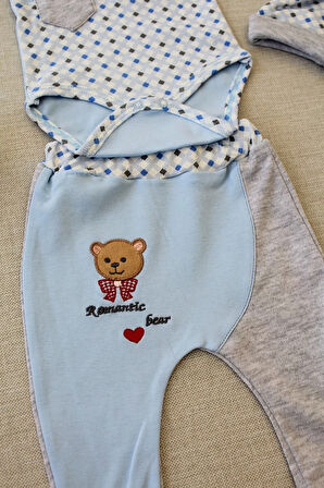 3-6 9-12 12-18 Ay Romantik Ayıcık Nakışlı Şapkalı Uzun Kollu Zıbınlı 3lü Kız-erkek Bebek Takımı Mavi