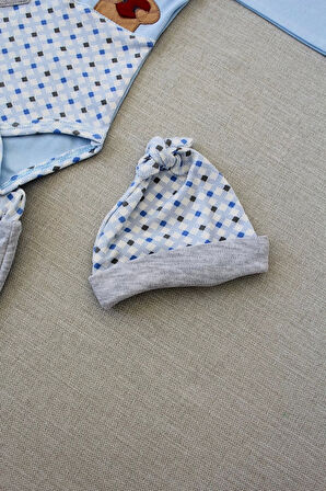 3-6 9-12 12-18 Ay Romantik Ayıcık Nakışlı Şapkalı Uzun Kollu Zıbınlı 3lü Kız-erkek Bebek Takımı Mavi