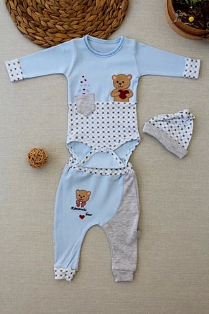 3-6 9-12 12-18 Ay Romantik Ayıcık Nakışlı Şapkalı Uzun Kollu Zıbınlı 3lü Kız-erkek Bebek Takımı Mavi