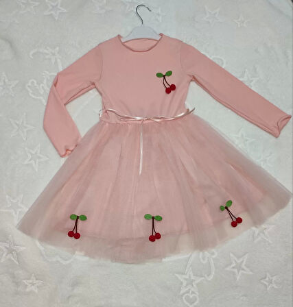 5-6-7 Yaş Kiraz Desenli Kurdela Kuşaklı Astarlı Uzun Kollu Kız Çocuk Tütü Elbise Somon