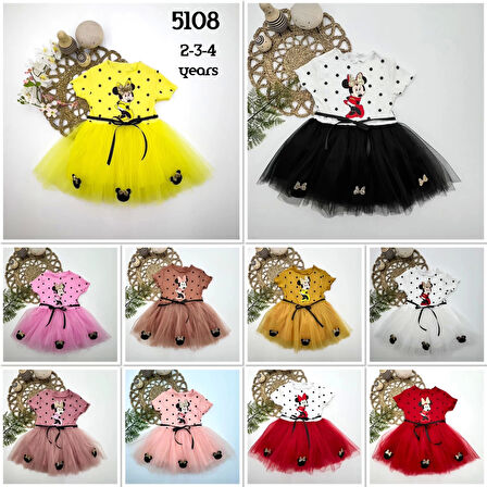 2-3-4 Yaş Puantiyeli Mickey Baskılı Kurdela Kuşaklı Astarlı Kız Bebek Tütü Elbisesi Kahverengi