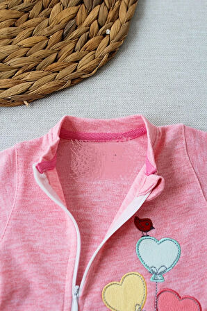 3-6 18-24 24-36 Ay Uçan Balonlar Nakışlı Ef Boy Fermuarlı Kız Bebek Tulumu Pembe