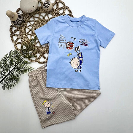 1-2-3 Yaş Topçu Erkek Çocuk Baskılı Şortlu Kısa Kollu Tişört 2li Erkek Bebek Takımı Mavi