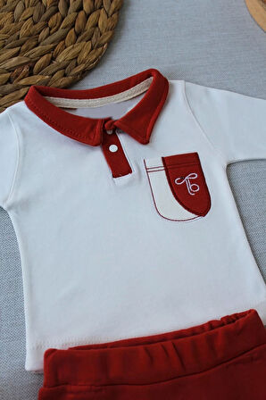 3-6 6-9 9-12 Ay Efendi Nakışlı Cep Şapkalı Uzun Kollu Sweat 3lü Erkek Bebek Takımı Kiremit