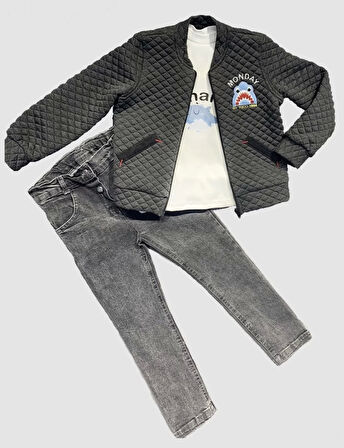 4-5-6 Yaş Kot Pantolonlu Pilot Mont Uzun Kollu Penye Sweat 3lü Erkek Çocuk Takımı Füme