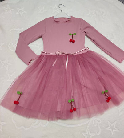 5-6-7 Yaş Kiraz Desenli Kurdela Kuşaklı Astarlı Uzun Kollu Kız Çocuk Tütü Elbise Gül Kurusu