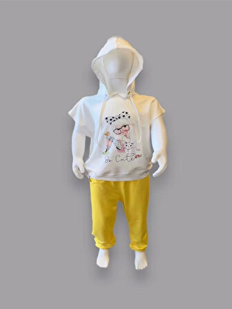 3-4-5 Yaş Kapşonlu Sevimli Kız Baskılı Kısa Kolu 2li Kız Erkek Çocuk Takımı Sarı