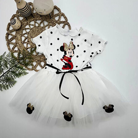 2-3-4 Yaş Puantiyeli Mickey Baskılı Kurdela Kuşaklı Astarlı Kız Bebek Tütü Elbisesi Beyaz