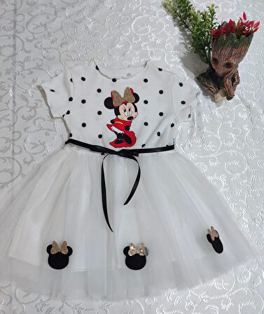 2-3-4 Yaş Puantiyeli Mickey Baskılı Kurdela Kuşaklı Astarlı Kız Bebek Tütü Elbisesi Beyaz