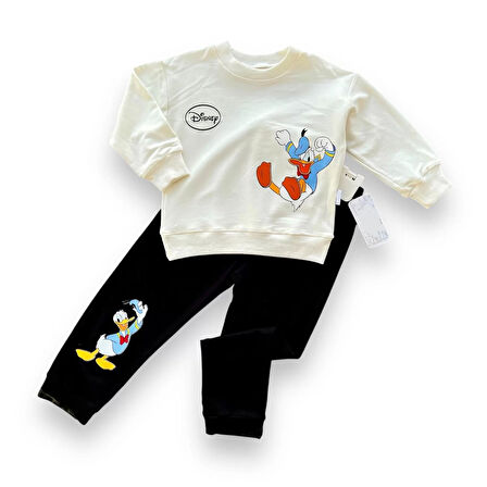 6-9-12-18 Ay Ördek Baskılı Pamuk Penye Kumaş Erkek Bebek Takımı Siyah