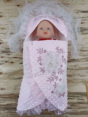 Yenidoğan Topçikli Gül Bahçesi Tül Örtülü Kız Erkek Bebek Klasik Kundak Bebek Battaniyesi Pembe