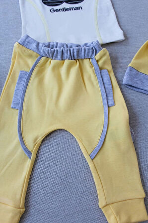 3-6 6-9 9-12 Ay Gentleman Erkek Nakışlı Şapkalı Uzun Kollu Sweat 3lü Erkek Bebek Takımı Sarı