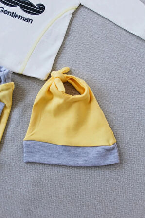 3-6 6-9 9-12 Ay Gentleman Erkek Nakışlı Şapkalı Uzun Kollu Sweat 3lü Erkek Bebek Takımı Sarı