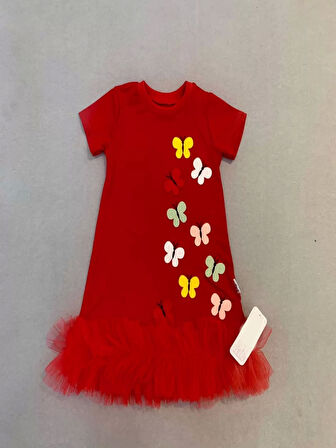 1-2-3 Yaş Renkli Kelebekler Nakışlı Eteği Fırfırlı Jile Çocuk Elbisesi Kırmızı