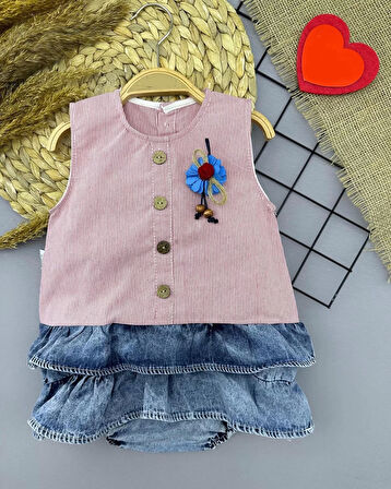 6-9-12-18 Ay Gül Rozet Detaylı Kot Kilotlu Etek Kız Bebek Elbisesi Gül Kurusu