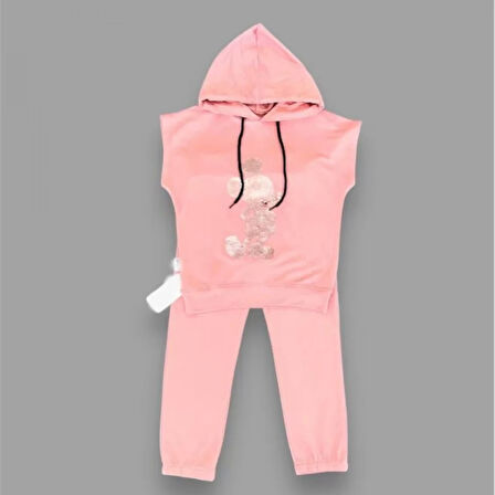 3-4-5 Yaş Kapşonlu Payetli Mickey Desenli Kısa Kol 2li Kız Erkek Çocuk Takımı Gül Kurusu