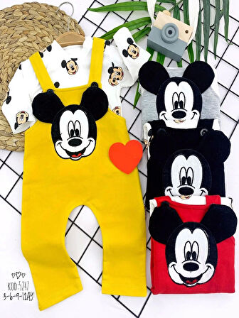 3-6-9-12 Ay Mickey Figürlü Uzun Kollu Baskılı Sweatli 2li Kız Erkek Bebek Salopet Takımı Gri