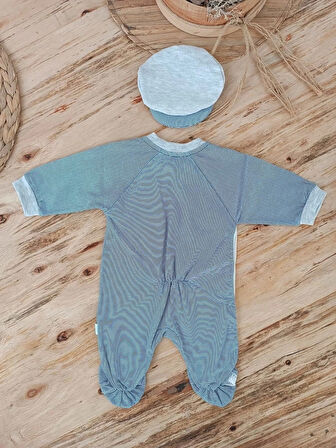 0-3 3-6 Ay Papyonlu Çizgi Desen Çıtçıt Kapama Kasketli Erkek Bebek Tulumu Lacivert