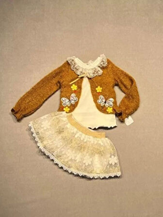 1-2-3 Yaş Brode Etekli Örme Hırkalı Uzun Kollu Sweat 3lü Kız Çocuk Takımı Hardal