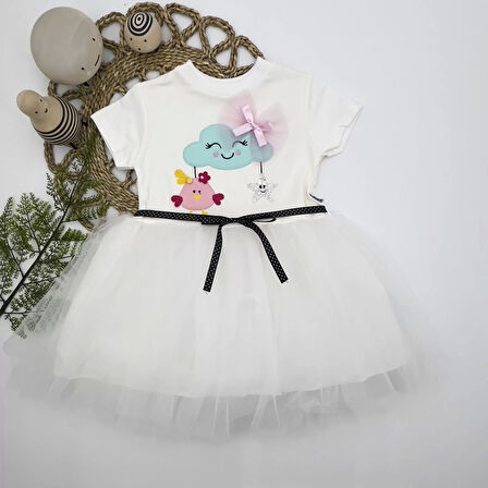 1-2-3 Yaş Tül Tokalı Bulut Civciv Ve Yıldız Nakışlı Kız Bebek Elbisesi Beyaz