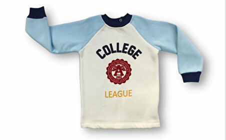 9-12 12-18 18-24 24-36 Ay College Baskılı 3 İplik Kumaş Uzun Kollu Sweatli 2li Erkek Bebek Takımı Mavi