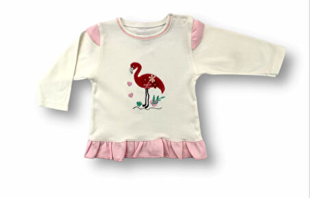 3-6 6-9 9-12 Ay Flamingo Nakışlı Uzun Kollu Sweatli 2li Kız Bebek Takımı Ekru