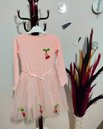 5-6-7 Yaş Kiraz Desenli Kurdela Kuşaklı Astarlı Uzun Kollu Kız Çocuk Tütü Elbise Somon