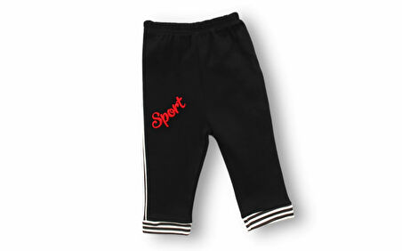 6-9 9-12 12-18 18-24 24-36 Ay Sport Baskılı Çizgili Uzun Kollu Sweatli 2li Erkek Bebek Takımı Siyah