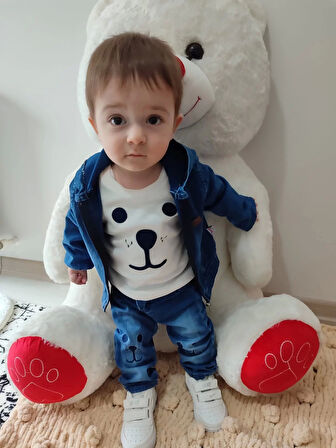 9-12-18-24 Ay Kot Kumaş Kapşonlu Uzun Kol Sweatli Kot Kumaş 3lü Erkek Bebek Takımı Mavi