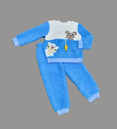 1-2-3 Yaş Sallanan Balık Nakışlı Kuzu Kumaş Sweat Pantolon Uzun Kollu Kız Erkek 2 Li Takımı Saks Mavisi