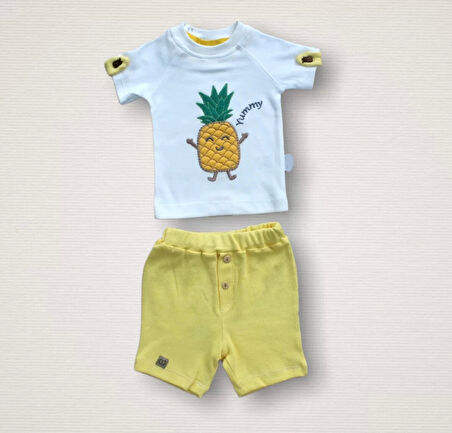 6-9 9-12 12-18 Ay Ananas Nakışlı Kısa Kollu Sweatli Şortlu 2li Kız-erkek Bebek Takımı Sarı