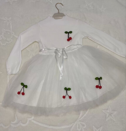 5-6-7 Yaş Kiraz Desenli Kurdela Kuşaklı Astarlı Uzun Kollu Kız Çocuk Tütü Elbise Beyaz