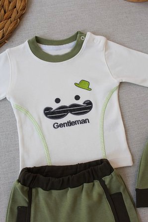 3-6 6-9 9-12 Ay Gentleman Erkek Nakışlı Şapkalı Uzun Kollu Sweat 3lü Erkek Bebek Takımı Yeşil