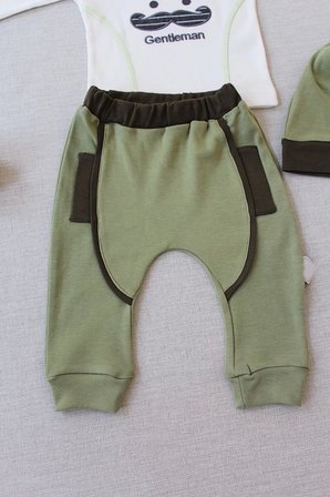 3-6 6-9 9-12 Ay Gentleman Erkek Nakışlı Şapkalı Uzun Kollu Sweat 3lü Erkek Bebek Takımı Yeşil