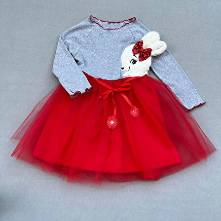 5-6-7 Yaş Pelüş Tavşan Desenli Kurdela Kuşaklı Astarlı Kız Çocuk Tütü Elbise Kırmızı